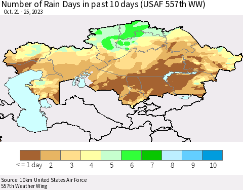 Kazakhstan Number of Rain Days in past 10 days (USAF 557th WW) Thematic Map For 10/21/2023 - 10/25/2023