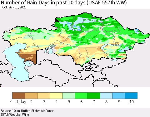 Kazakhstan Number of Rain Days in past 10 days (USAF 557th WW) Thematic Map For 10/26/2023 - 10/31/2023