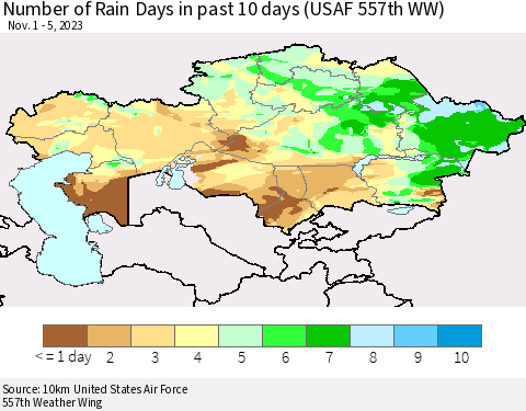 Kazakhstan Number of Rain Days in past 10 days (USAF 557th WW) Thematic Map For 11/1/2023 - 11/5/2023