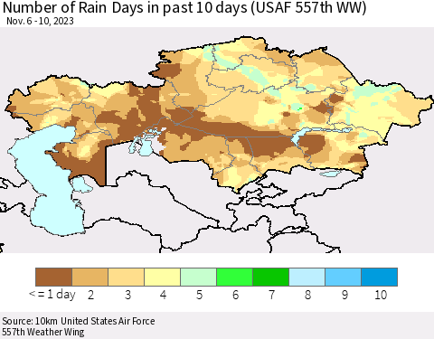 Kazakhstan Number of Rain Days in past 10 days (USAF 557th WW) Thematic Map For 11/6/2023 - 11/10/2023