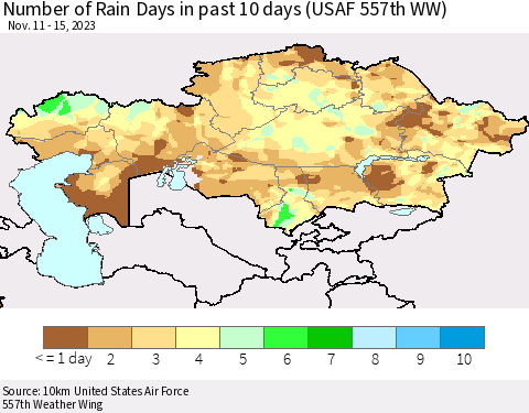 Kazakhstan Number of Rain Days in past 10 days (USAF 557th WW) Thematic Map For 11/11/2023 - 11/15/2023