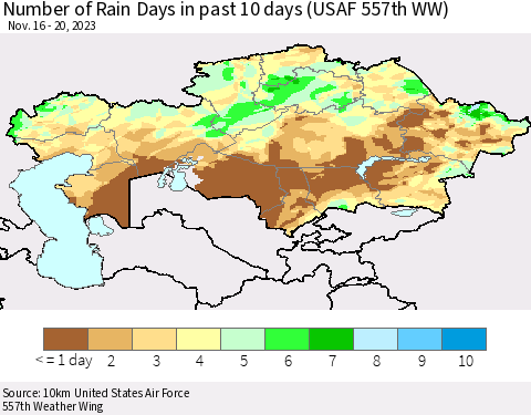 Kazakhstan Number of Rain Days in past 10 days (USAF 557th WW) Thematic Map For 11/16/2023 - 11/20/2023
