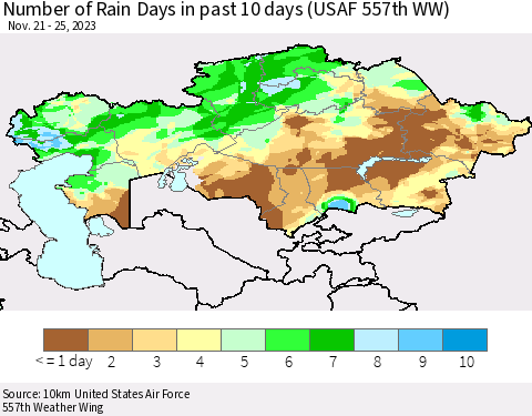 Kazakhstan Number of Rain Days in past 10 days (USAF 557th WW) Thematic Map For 11/21/2023 - 11/25/2023