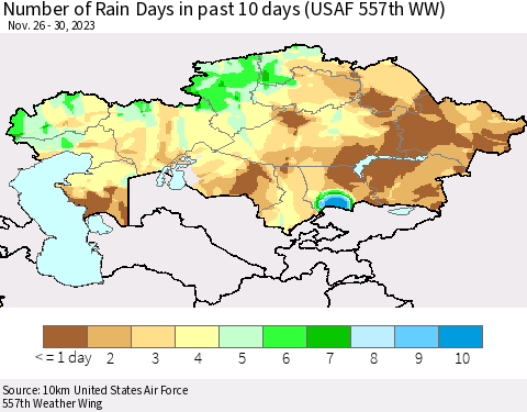 Kazakhstan Number of Rain Days in past 10 days (USAF 557th WW) Thematic Map For 11/26/2023 - 11/30/2023