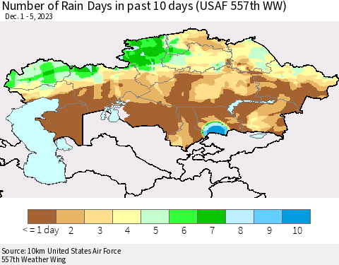 Kazakhstan Number of Rain Days in past 10 days (USAF 557th WW) Thematic Map For 12/1/2023 - 12/5/2023