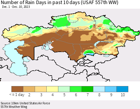Kazakhstan Number of Rain Days in past 10 days (USAF 557th WW) Thematic Map For 12/6/2023 - 12/10/2023