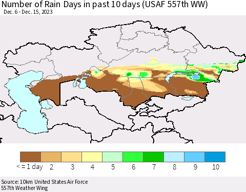 Kazakhstan Number of Rain Days in past 10 days (USAF 557th WW) Thematic Map For 12/11/2023 - 12/15/2023
