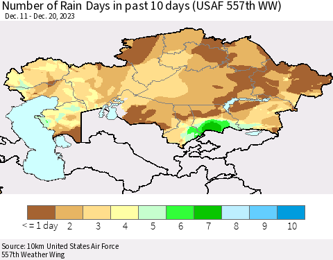 Kazakhstan Number of Rain Days in past 10 days (USAF 557th WW) Thematic Map For 12/16/2023 - 12/20/2023