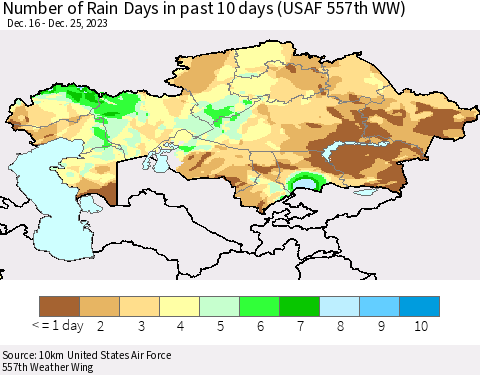 Kazakhstan Number of Rain Days in past 10 days (USAF 557th WW) Thematic Map For 12/21/2023 - 12/25/2023