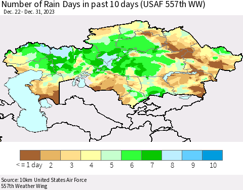 Kazakhstan Number of Rain Days in past 10 days (USAF 557th WW) Thematic Map For 12/26/2023 - 12/31/2023