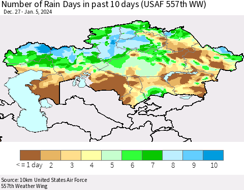 Kazakhstan Number of Rain Days in past 10 days (USAF 557th WW) Thematic Map For 1/1/2024 - 1/5/2024