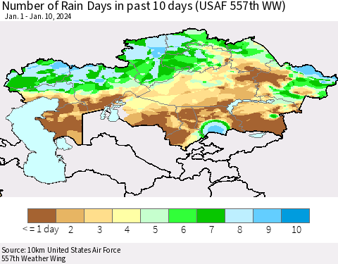 Kazakhstan Number of Rain Days in past 10 days (USAF 557th WW) Thematic Map For 1/6/2024 - 1/10/2024