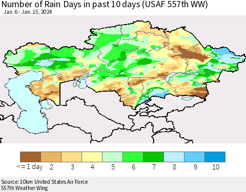 Kazakhstan Number of Rain Days in past 10 days (USAF 557th WW) Thematic Map For 1/11/2024 - 1/15/2024