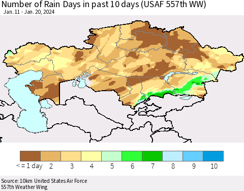 Kazakhstan Number of Rain Days in past 10 days (USAF 557th WW) Thematic Map For 1/16/2024 - 1/20/2024