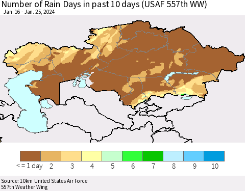 Kazakhstan Number of Rain Days in past 10 days (USAF 557th WW) Thematic Map For 1/21/2024 - 1/25/2024