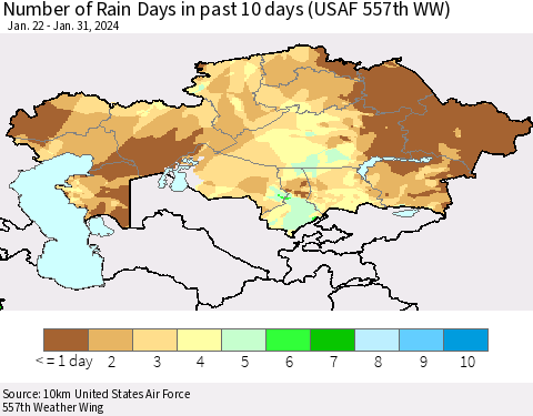 Kazakhstan Number of Rain Days in past 10 days (USAF 557th WW) Thematic Map For 1/26/2024 - 1/31/2024
