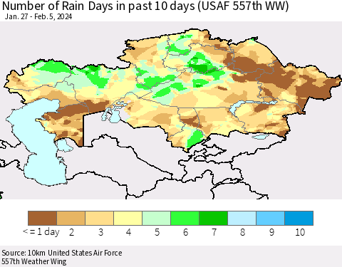 Kazakhstan Number of Rain Days in past 10 days (USAF 557th WW) Thematic Map For 2/1/2024 - 2/5/2024