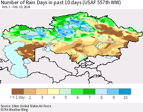 Kazakhstan Number of Rain Days in past 10 days (USAF 557th WW) Thematic Map For 2/6/2024 - 2/10/2024