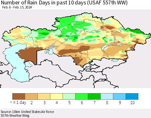 Kazakhstan Number of Rain Days in past 10 days (USAF 557th WW) Thematic Map For 2/11/2024 - 2/15/2024