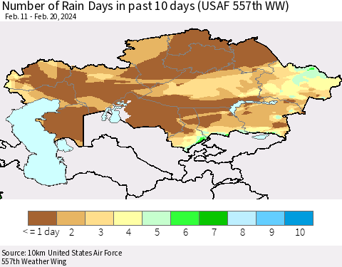 Kazakhstan Number of Rain Days in past 10 days (USAF 557th WW) Thematic Map For 2/16/2024 - 2/20/2024