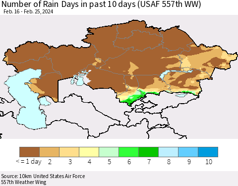 Kazakhstan Number of Rain Days in past 10 days (USAF 557th WW) Thematic Map For 2/21/2024 - 2/25/2024