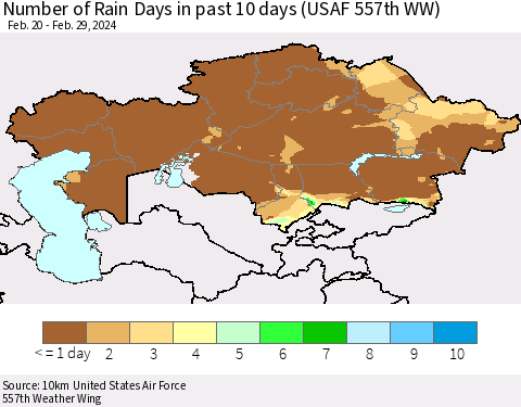 Kazakhstan Number of Rain Days in past 10 days (USAF 557th WW) Thematic Map For 2/26/2024 - 2/29/2024