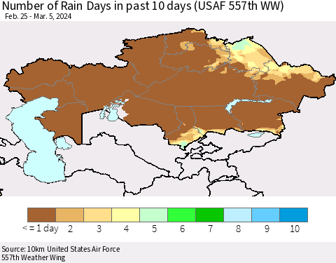 Kazakhstan Number of Rain Days in past 10 days (USAF 557th WW) Thematic Map For 3/1/2024 - 3/5/2024