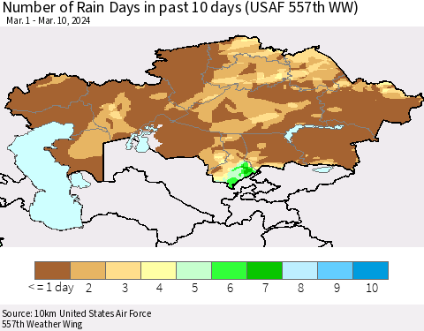Kazakhstan Number of Rain Days in past 10 days (USAF 557th WW) Thematic Map For 3/6/2024 - 3/10/2024
