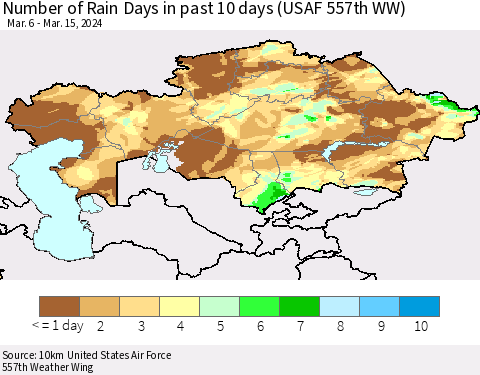 Kazakhstan Number of Rain Days in past 10 days (USAF 557th WW) Thematic Map For 3/11/2024 - 3/15/2024