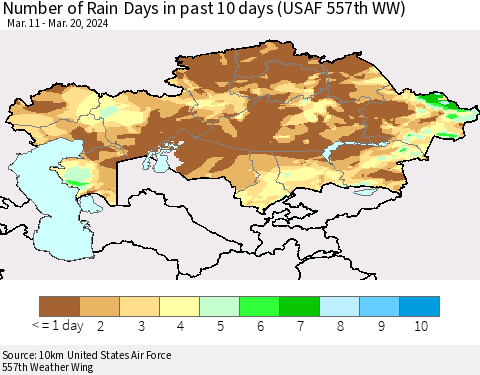 Kazakhstan Number of Rain Days in past 10 days (USAF 557th WW) Thematic Map For 3/16/2024 - 3/20/2024