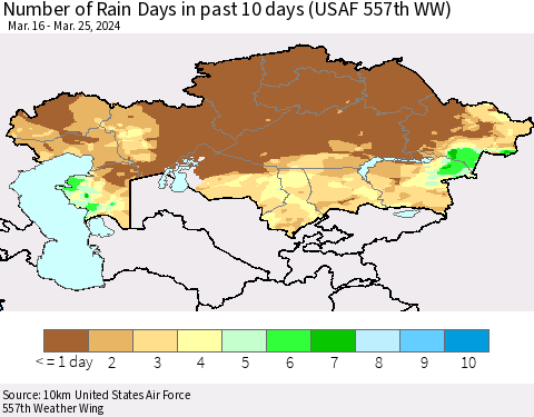 Kazakhstan Number of Rain Days in past 10 days (USAF 557th WW) Thematic Map For 3/21/2024 - 3/25/2024