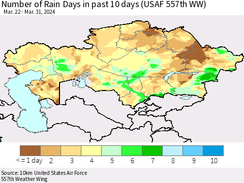 Kazakhstan Number of Rain Days in past 10 days (USAF 557th WW) Thematic Map For 3/26/2024 - 3/31/2024