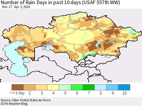 Kazakhstan Number of Rain Days in past 10 days (USAF 557th WW) Thematic Map For 4/1/2024 - 4/5/2024