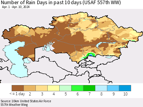 Kazakhstan Number of Rain Days in past 10 days (USAF 557th WW) Thematic Map For 4/6/2024 - 4/10/2024