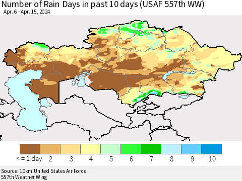 Kazakhstan Number of Rain Days in past 10 days (USAF 557th WW) Thematic Map For 4/11/2024 - 4/15/2024