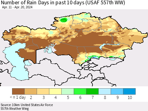 Kazakhstan Number of Rain Days in past 10 days (USAF 557th WW) Thematic Map For 4/16/2024 - 4/20/2024