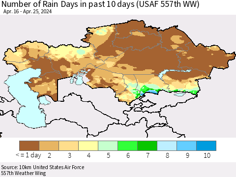 Kazakhstan Number of Rain Days in past 10 days (USAF 557th WW) Thematic Map For 4/21/2024 - 4/25/2024