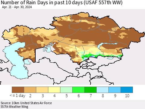 Kazakhstan Number of Rain Days in past 10 days (USAF 557th WW) Thematic Map For 4/26/2024 - 4/30/2024