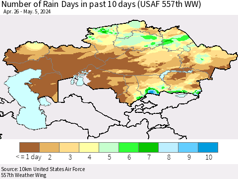 Kazakhstan Number of Rain Days in past 10 days (USAF 557th WW) Thematic Map For 5/1/2024 - 5/5/2024
