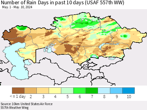Kazakhstan Number of Rain Days in past 10 days (USAF 557th WW) Thematic Map For 5/6/2024 - 5/10/2024