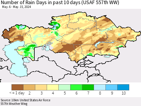 Kazakhstan Number of Rain Days in past 10 days (USAF 557th WW) Thematic Map For 5/11/2024 - 5/15/2024