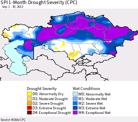 Kazakhstan SPI 1-Month Drought Severity (CPC) Thematic Map For 9/1/2023 - 9/30/2023