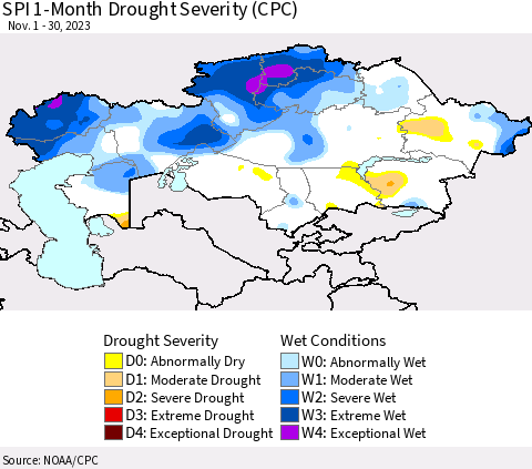 Kazakhstan SPI 1-Month Drought Severity (CPC) Thematic Map For 11/1/2023 - 11/30/2023
