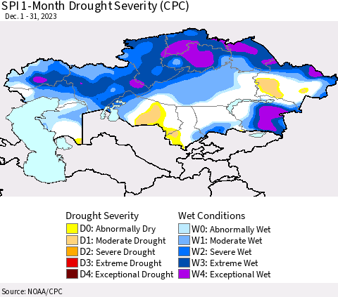 Kazakhstan SPI 1-Month Drought Severity (CPC) Thematic Map For 12/1/2023 - 12/31/2023