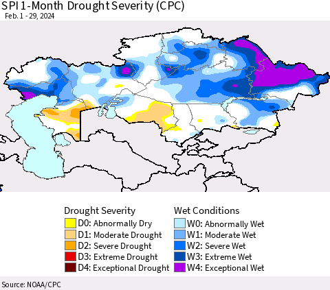Kazakhstan SPI 1-Month Drought Severity (CPC) Thematic Map For 2/1/2024 - 2/29/2024