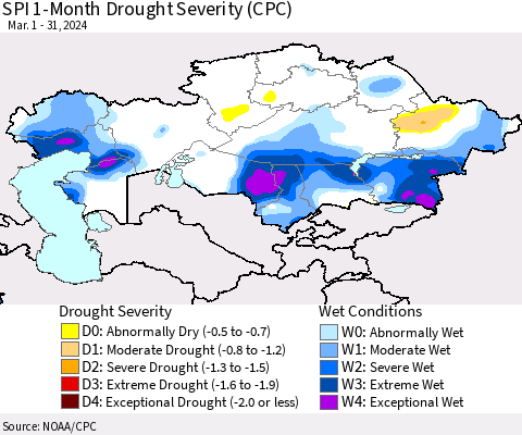 Kazakhstan SPI 1-Month Drought Severity (CPC) Thematic Map For 3/1/2024 - 3/31/2024