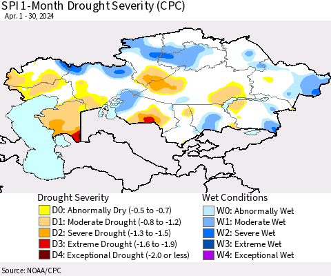 Kazakhstan SPI 1-Month Drought Severity (CPC) Thematic Map For 4/1/2024 - 4/30/2024