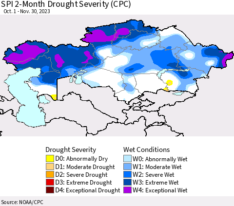 Kazakhstan SPI 2-Month Drought Severity (CPC) Thematic Map For 10/1/2023 - 11/30/2023