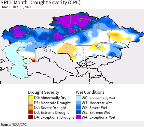 Kazakhstan SPI 2-Month Drought Severity (CPC) Thematic Map For 11/1/2023 - 12/31/2023