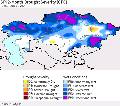 Kazakhstan SPI 2-Month Drought Severity (CPC) Thematic Map For 12/1/2023 - 1/31/2024
